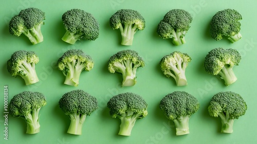 Broccoli isolated on color background. Whole, half, slice, cut broccoli set. Green vegetables close-up. Minimalism aesthetic image. Fresh raw broccoli. Organic food. Vegetrian food. AI generation. photo