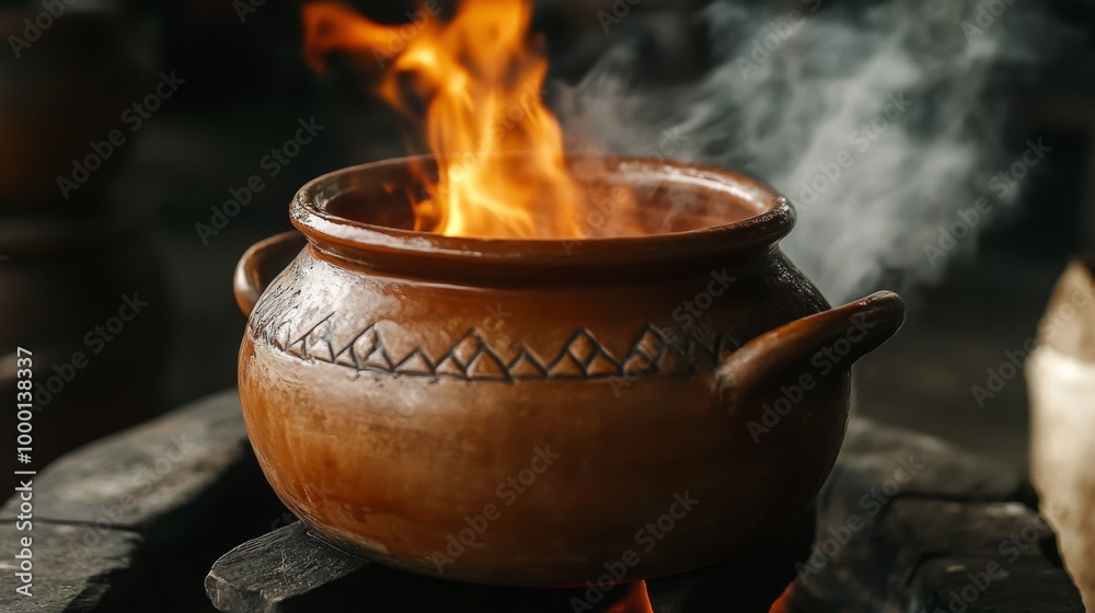 A close-up of a traditional Thai clay pot simmering over an open flame, capturing the rustic feel of outdoor cooking. A close-up of a traditional Thai clay pot simmering over an open flame, capturing the rustic feel of outdoor cooking.