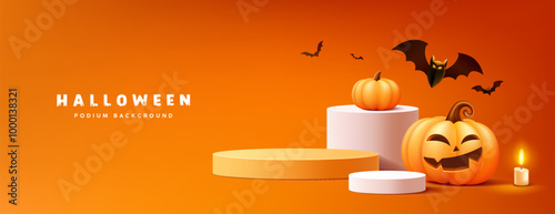 Happy Halloween yellow and white podium display design, pumpkins smile, bat flying, candle, banner on orange background, Eps 10 vector illustration

