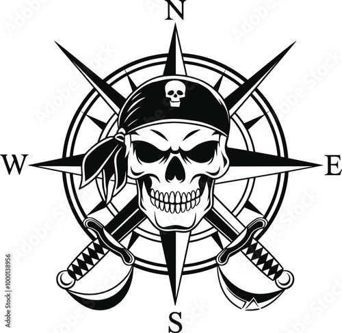 Compass rose and skull head vector illustration.
