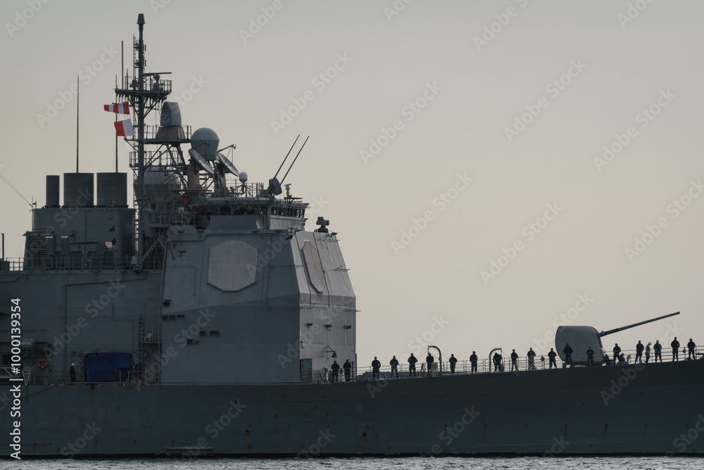 WARSHIP - American Ticonderoga-class guided missile cruiser at sea WARSHIP - American Ticonderoga-class guided missile cruiser at sea
