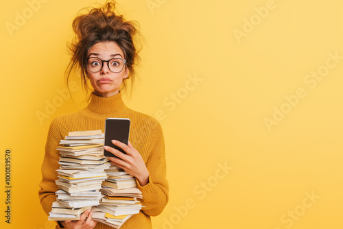 Surprised young woman with messy hair holding phone and books against yellow background