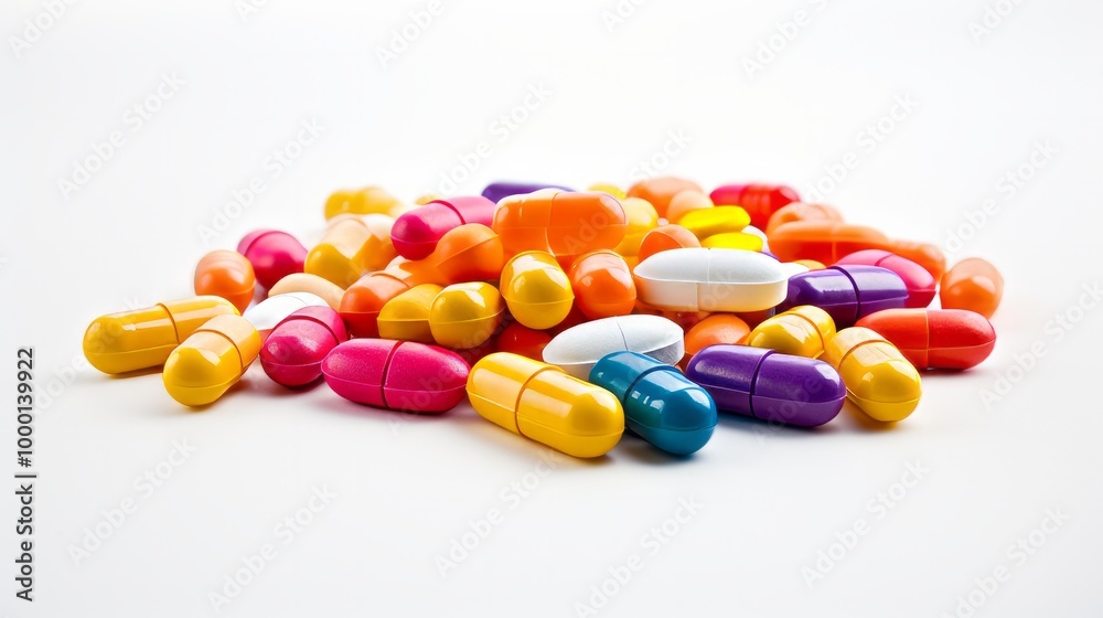 Many colored capsule pills on white background. Neural network ai generated art Many colored capsule pills on white background. Neural network ai generated art