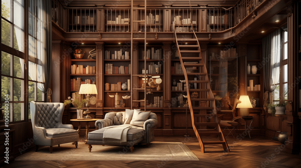 Fototapeta premium Room Decoration A stylish home library with millions of books