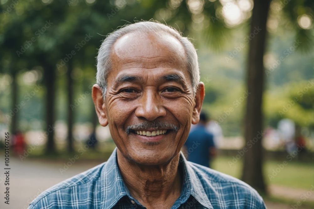 Close portrait of a smiling senior Malaysian man looking at the camera, Malaysian outdoors blurred background Close portrait of a smiling senior Malaysian man looking at the camera, Malaysian outdoors blurred background
