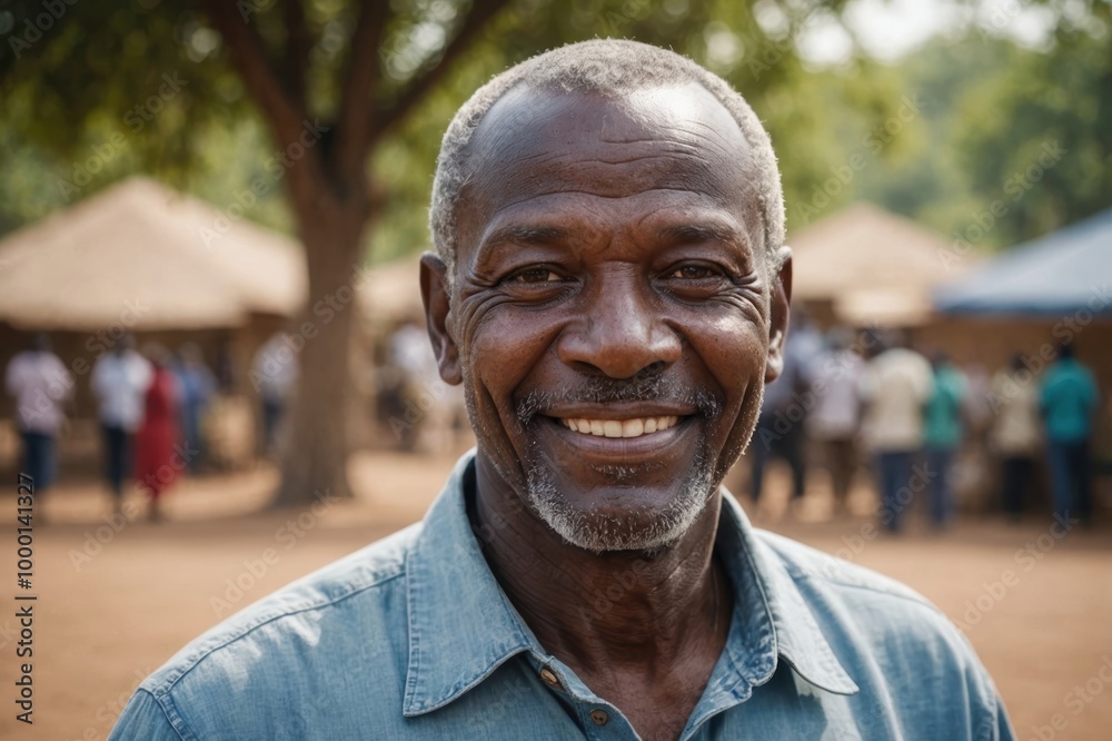 Close portrait of a smiling senior Malian man looking at the camera, Malian outdoors blurred background Close portrait of a smiling senior Malian man looking at the camera, Malian outdoors blurred background