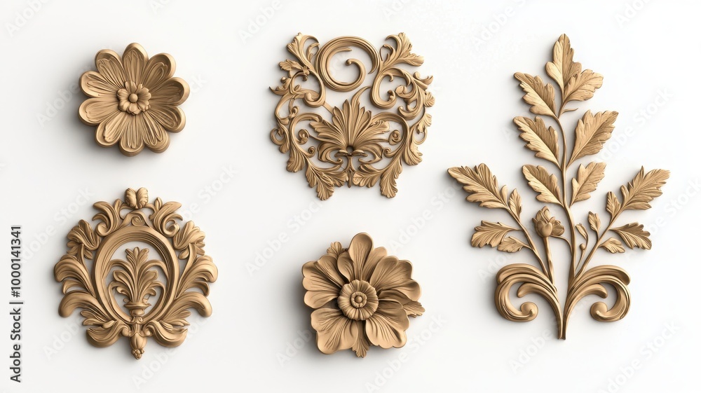 Set of ornate wooden floral decorations on a white isolated background. Set of ornate wooden floral decorations on a white isolated background.
