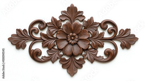 Fototapeta Naklejka Na Ścianę i Meble -  Decorative wood carving with floral design, white isolated background.