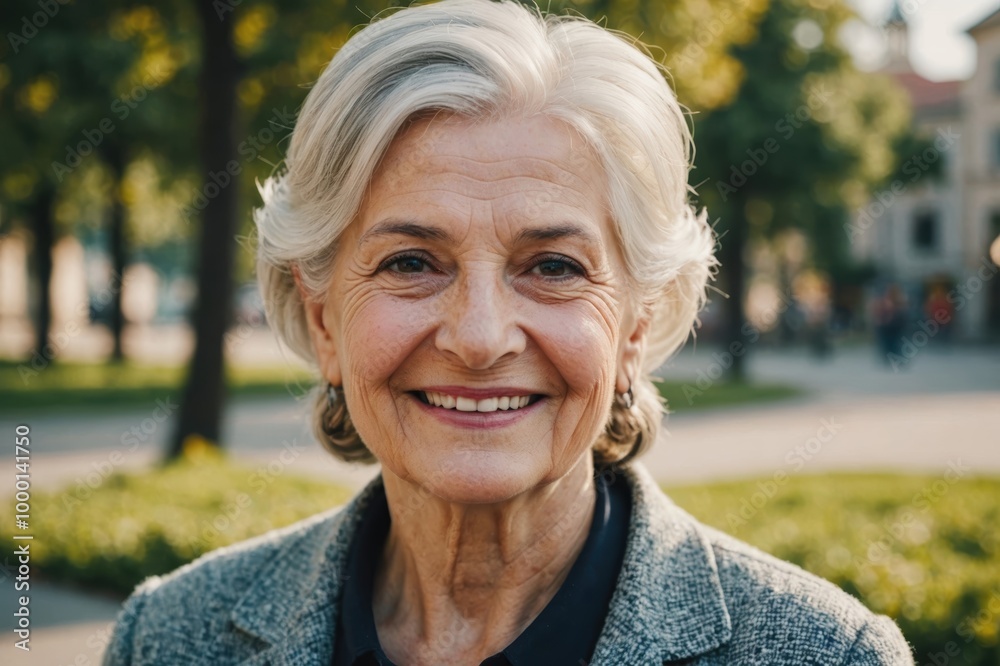 Close portrait of a smiling senior Maltese woman looking at the camera, Maltese outdoors blurred background Close portrait of a smiling senior Maltese woman looking at the camera, Maltese outdoors blurred background