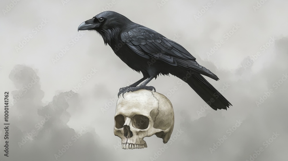 Fototapeta premium A black raven perches atop a human skull against a backdrop of ominous, swirling clouds. The image symbolizes death, mystery, and the passage of time.