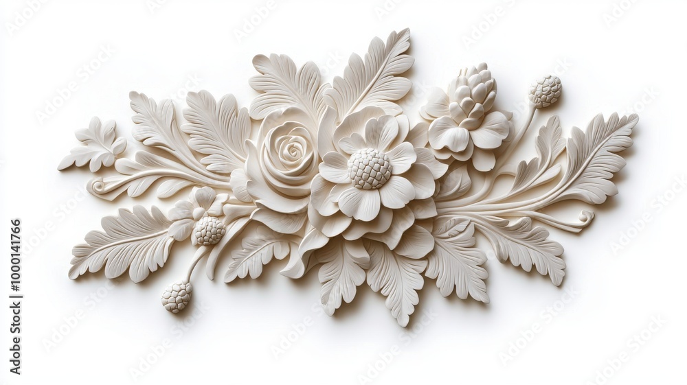 Intricate floral relief design on a white background. Intricate floral relief design on a white background.