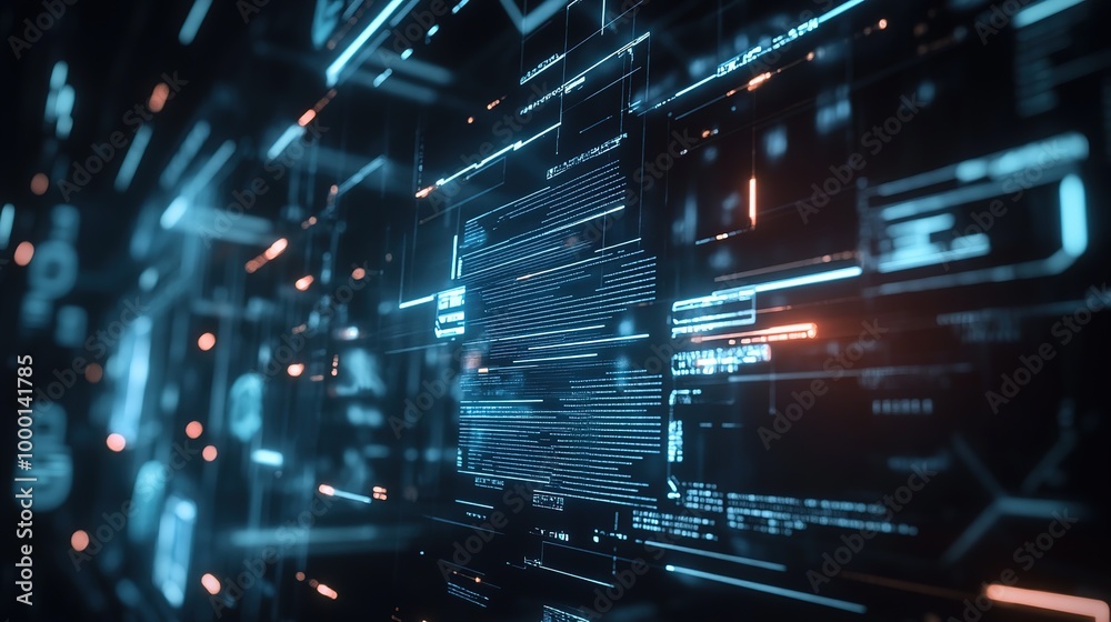 Futuristic digital abstraction with glowing elements in blue and red tones showcasing advanced technology concepts Futuristic digital abstraction with glowing elements in blue and red tones showcasing advanced technology concepts