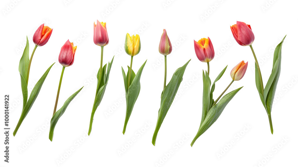 A top-down view of several tulips in various stages of bloom, solated on transparent background, PNG file for flat lay stock photo A top-down view of several tulips in various stages of bloom, solated on transparent background, PNG file for flat lay stock photo