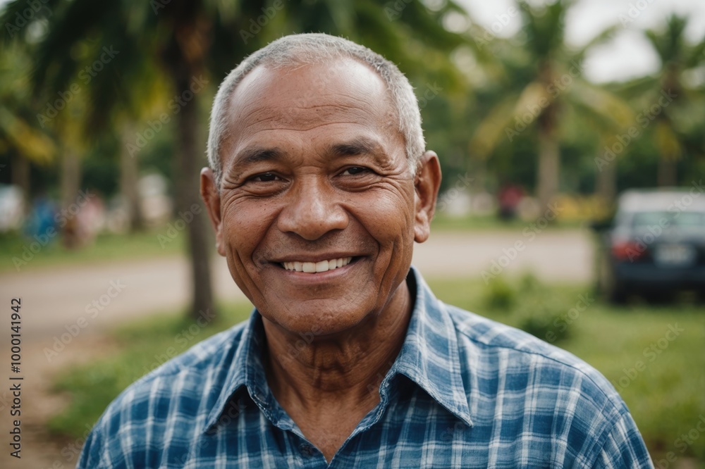 Close portrait of a smiling senior Marshallese man looking at the camera, Marshallese outdoors blurred background Close portrait of a smiling senior Marshallese man looking at the camera, Marshallese outdoors blurred background