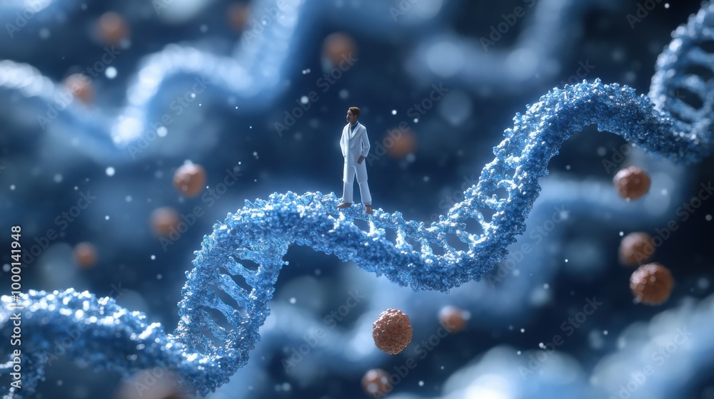 Creative Scientist Standing on DNA Strand, Microbiology Concept, Genetic Research, Biotechnology. Creative Scientist Standing on DNA Strand, Microbiology Concept, Genetic Research, Biotechnology.