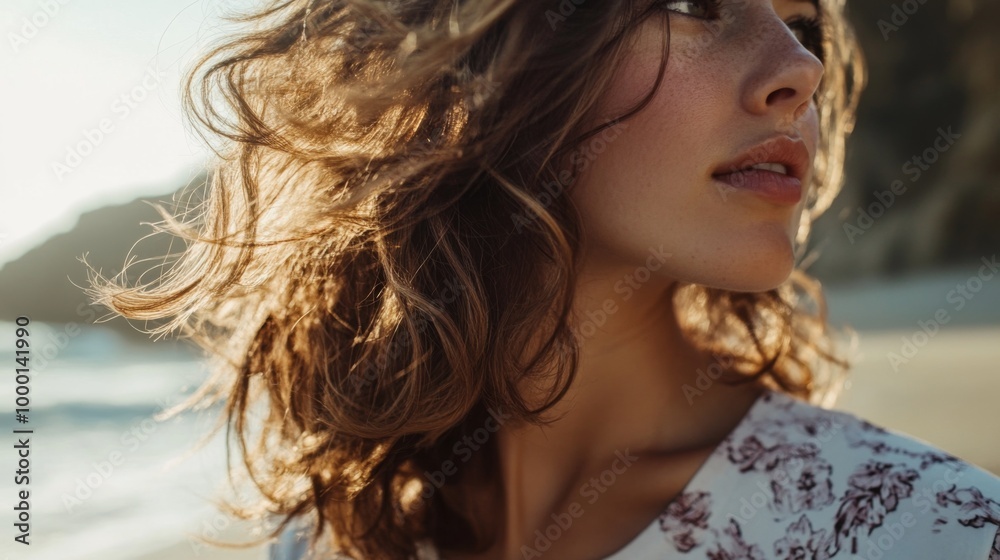 A close-up of a woman hair styled in loose beach waves, with natural highlights catching the light, complemented by a casual summer outfit in a coastal setting. A close-up of a woman hair styled in loose beach waves, with natural highlights catching the light, complemented by a casual summer outfit in a coastal setting.