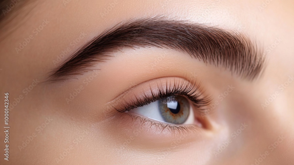Obraz premium A close-up of beautifully shaped, thick eyebrows on a woman's face, highlighting the natural arch and clean lines, with soft lighting to enhance facial features.