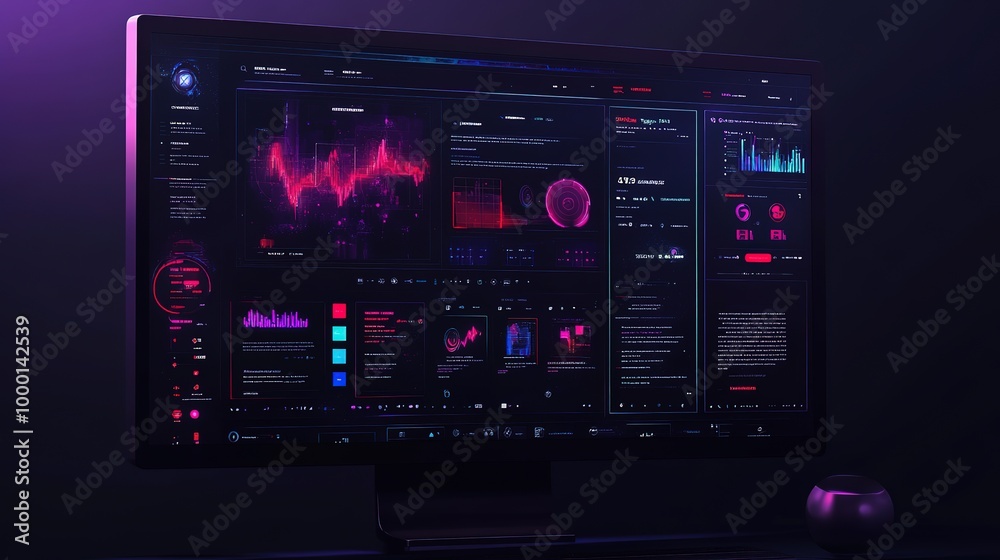 A futuristic neon-lit corridor featuring a central screen displaying vibrant pink graphics in a modern digital environment at night A futuristic neon-lit corridor featuring a central screen displaying vibrant pink graphics in a modern digital environment at night