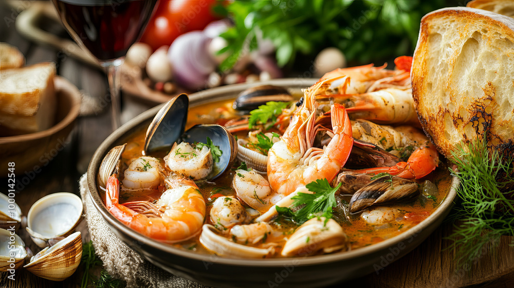 Bouillabaisse Seafood Soup Close-Up with Shrimp, Muscles, Clams, Fish, Fennel , Grilled Bread, and Wine Bouillabaisse Seafood Soup Close-Up with Shrimp, Muscles, Clams, Fish, Fennel , Grilled Bread, and Wine
