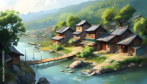 Whimsical painting of a tranquil village along a riverside in the enchanting rural landscapes of Asia photo