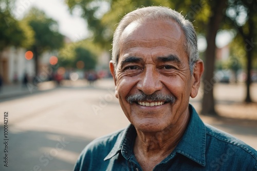 Close portrait of a smiling senior Mexican man looking at the camera, Mexican outdoors blurred background