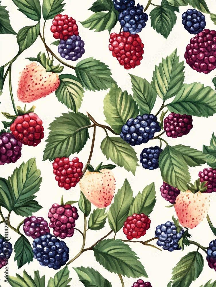 A charming seamless pattern featuring a delightful arrangement of summer berries, including blackberries and strawberries, on lush green vines. A charming seamless pattern featuring a delightful arrangement of summer berries, including blackberries and strawberries, on lush green vines.