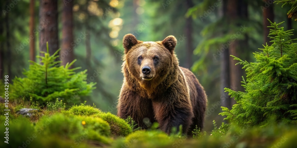 Fototapeta premium Majestic European Brown Bear Roaming Through Lush Green Forest in Natural Habitat During Daytime
