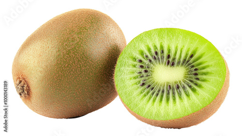 A whole kiwi fruit and one sliced open, solated on transparent background, PNG file