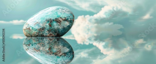 Polished turquoise, larimar stone reflecting on a mirrored surface with clouds, National Larimar Day photo