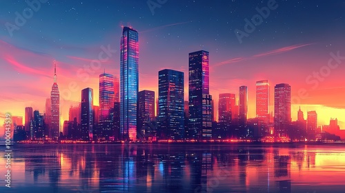 Vibrant sunset casts colorful reflections over a bustling city skyline with skyscrapers along the water's edge in an urban landscape