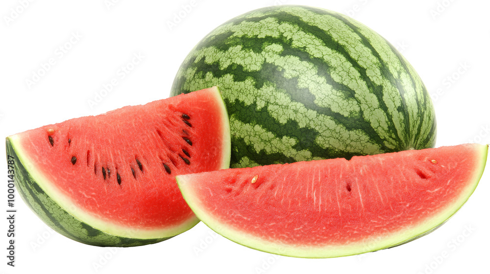 A whole watermelon with a slice cut out showing the red flesh, solated on transparent background, PNG file A whole watermelon with a slice cut out showing the red flesh, solated on transparent background, PNG file