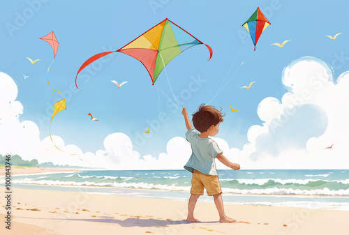 A young boy joyfully flies vibrant kites at the beach while soft waves roll in and seagulls soar overhead on a bright day - Generative AI