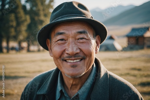 Close portrait of a smiling senior Mongolian man looking at the camera, Mongolian outdoors blurred background