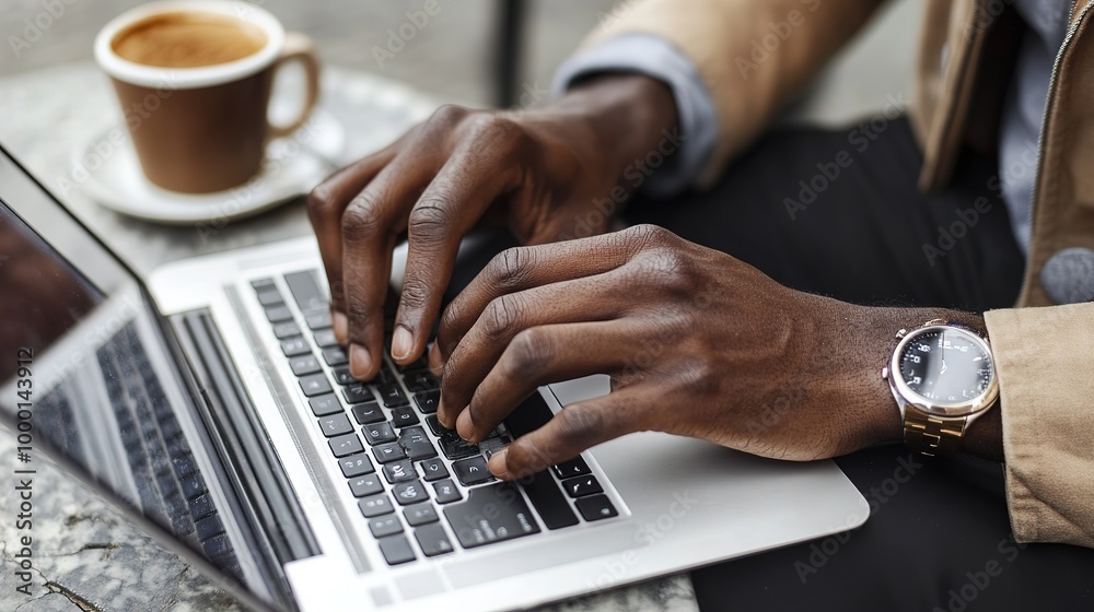 A person works on a laptop at a café table while enjoying a cup of coffee in the afternoon sunlight A person works on a laptop at a café table while enjoying a cup of coffee in the afternoon sunlight