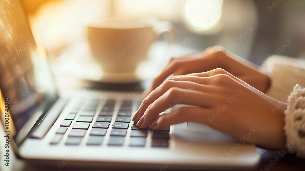 A person works on a laptop at a café table while enjoying a cup of coffee in the afternoon sunlight A person works on a laptop at a café table while enjoying a cup of coffee in the afternoon sunlight
