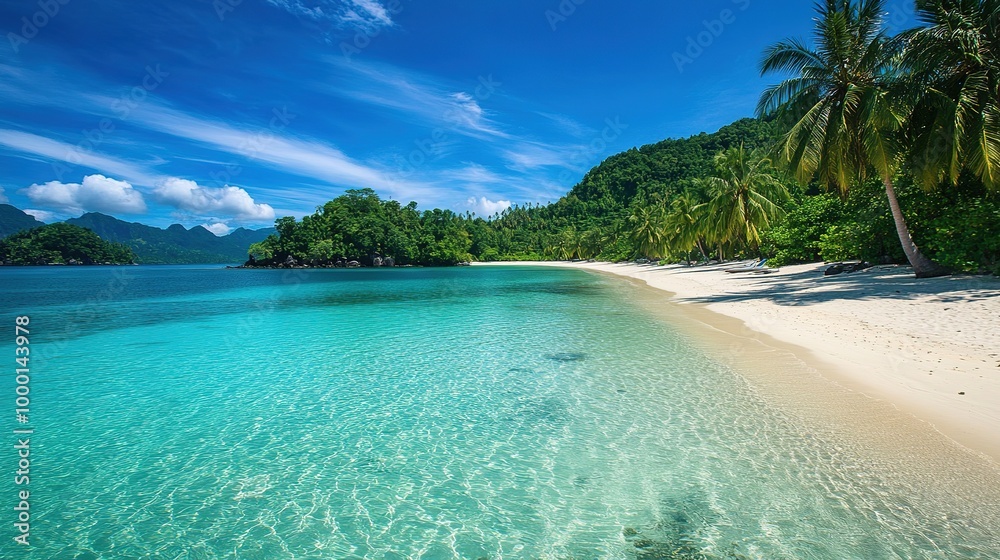 Fototapeta premium Crystal clear waters and sandy beaches in a tropical paradise under a sunny sky, inviting relaxation and exploration in nature's beauty