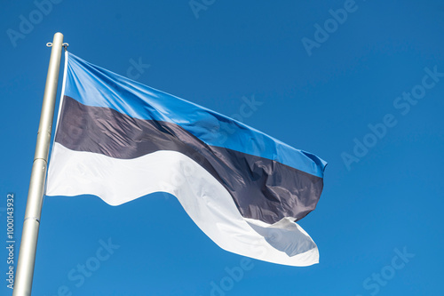 Flag of Estonia flying in the wind with a blue sky background...country, land, eesti, estonian