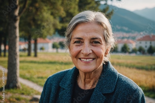 Close portrait of a smiling senior Montenegrin woman looking at the camera, Montenegrin outdoors blurred background