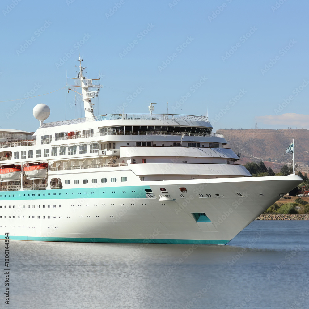 A beautiful multilevel resort liner sails through the waves during the day A beautiful multilevel resort liner sails through the waves during the day