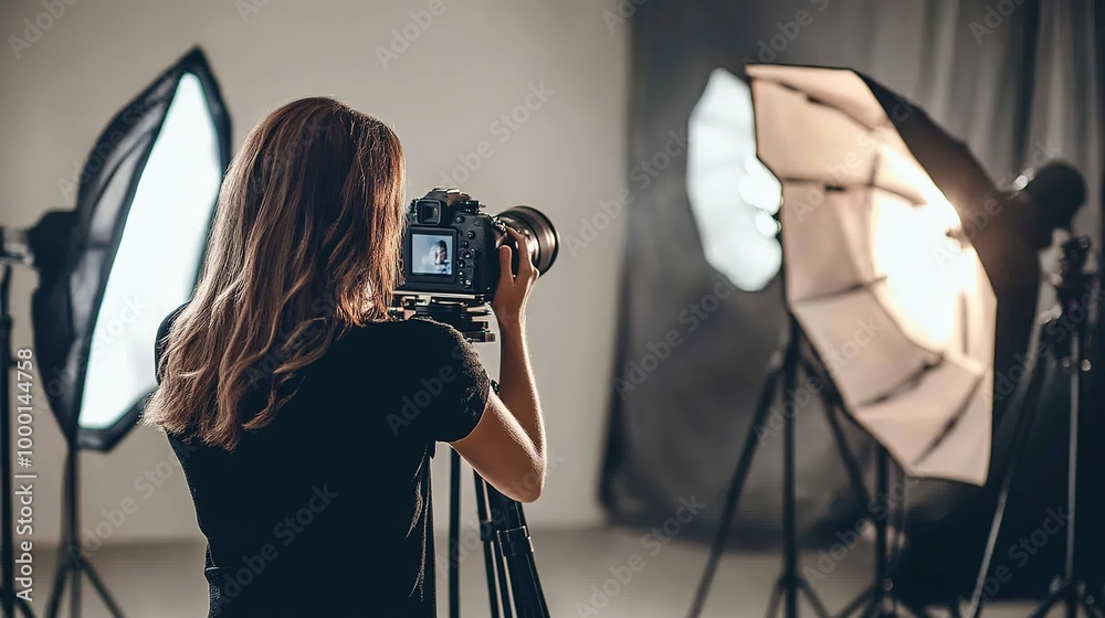 A photographer captures a candid moment in a studio setting with soft lighting and professional equipment during a creative photoshoot A photographer captures a candid moment in a studio setting with soft lighting and professional equipment during a creative photoshoot
