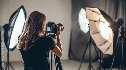 A photographer captures a candid moment in a studio setting with soft lighting and professional equipment during a creative photoshoot photo