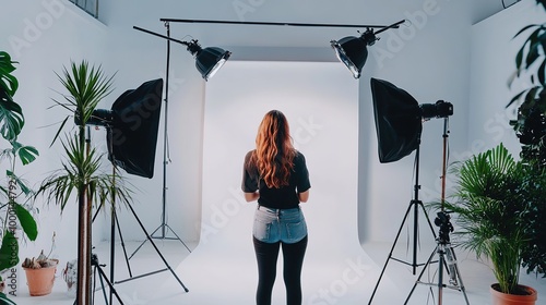 A photographer captures a candid moment in a studio setting with soft lighting and professional equipment during a creative photoshoot