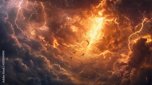 The final war in heaven: Satan and his angels cast out of heaven by Michael, dramatic and intense battle in the clouds.
Bible God Jesus Christ savior JHWH last days torah new testament old testament.