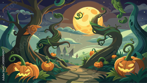 Print Floating Pumpkins in a Mystical Garden Room Background Vector Illustration of Enchanted Magical Scene