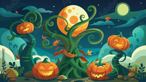 Print Floating Pumpkins in a Mystical Garden Room Background Vector Illustration of Enchanted Magical Scene