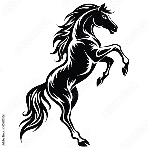 a black and white silhouette of a horse rearing up on its hind legs. The horse appears to be in mid-stride,