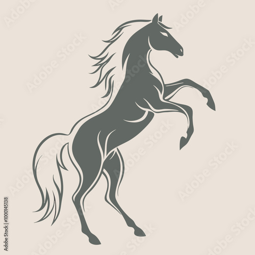 a black and white silhouette of a horse rearing up on its hind legs. The horse appears to be in mid-stride,