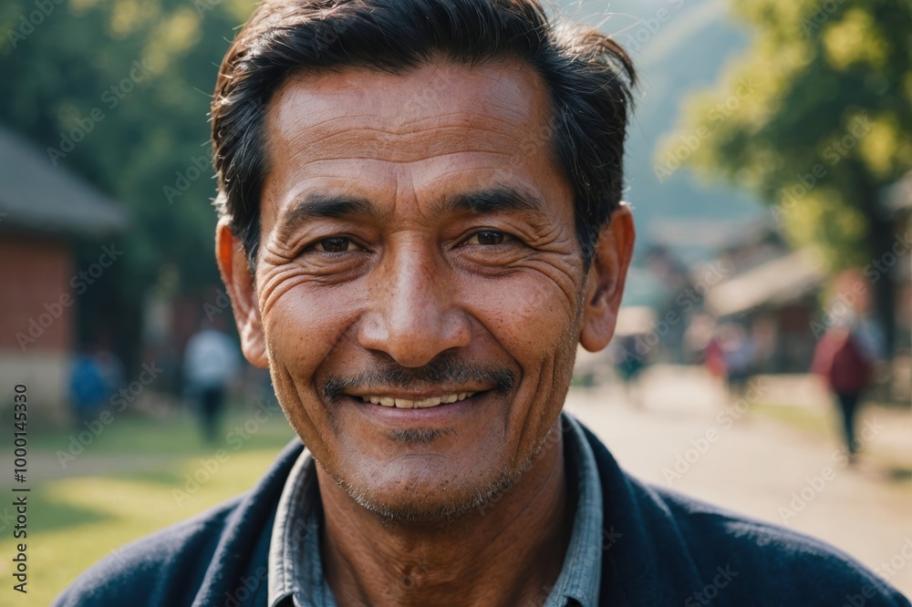 Close portrait of a smiling senior Nepalese man looking at the camera, Nepalese outdoors blurred background