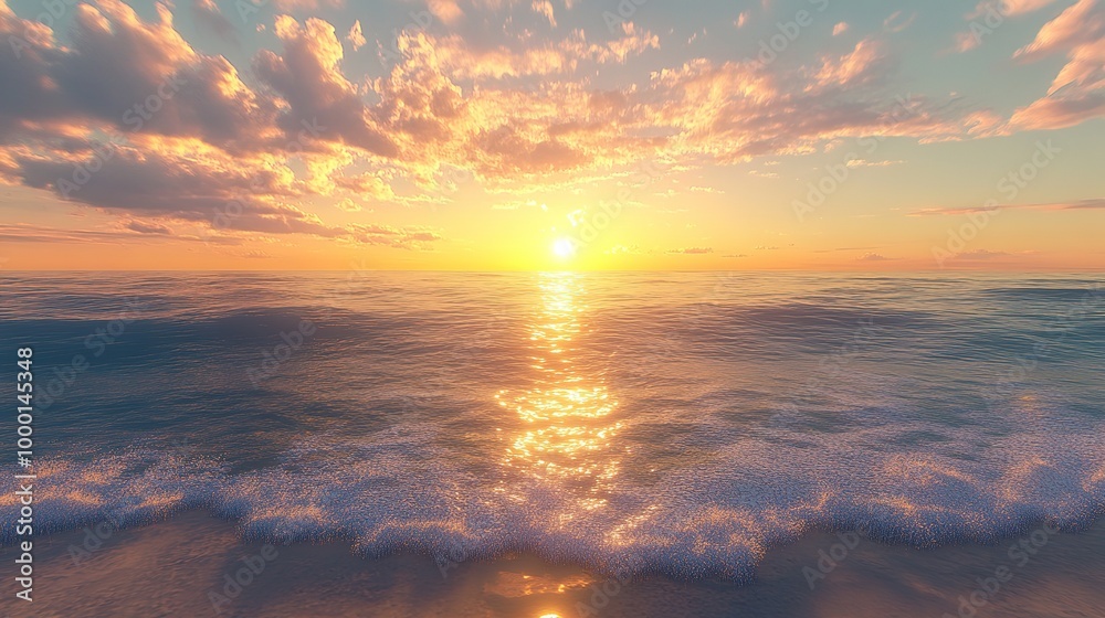 A serene sunset over the calm ocean with gentle waves lapping the shore during twilight hours