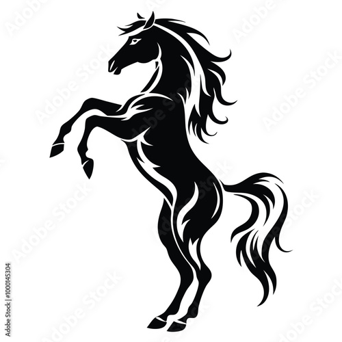a black and white silhouette of a horse rearing up on its hind legs. The horse appears to be in mid-stride,